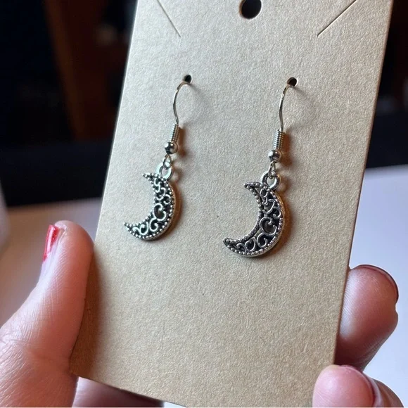 Handmade Simple Silver Moons with Swirls Dangle Earrings, Celestial Moon Earring - Picture 8 of 9